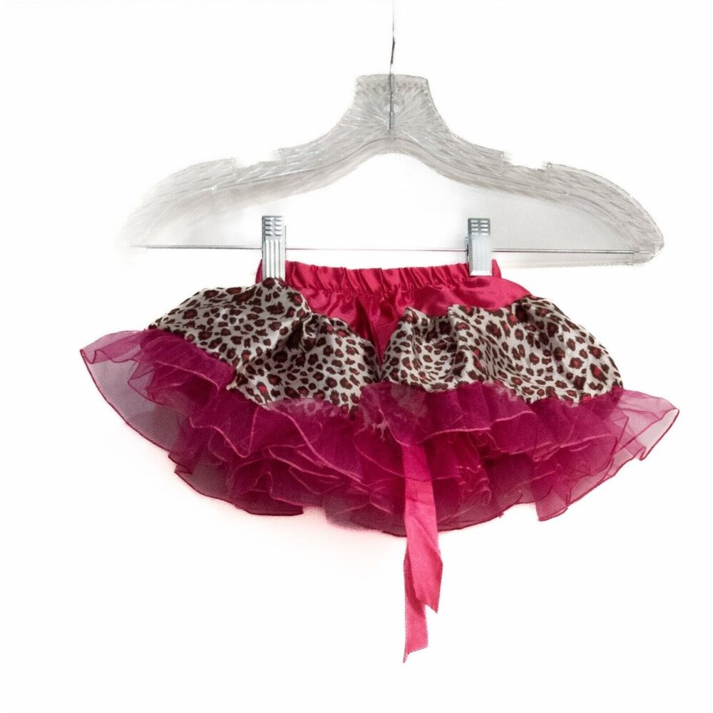 Girls Dark Pink Polyester Leopard Print Tutu Skirt Lace Pull On Sequin Trim 7 In